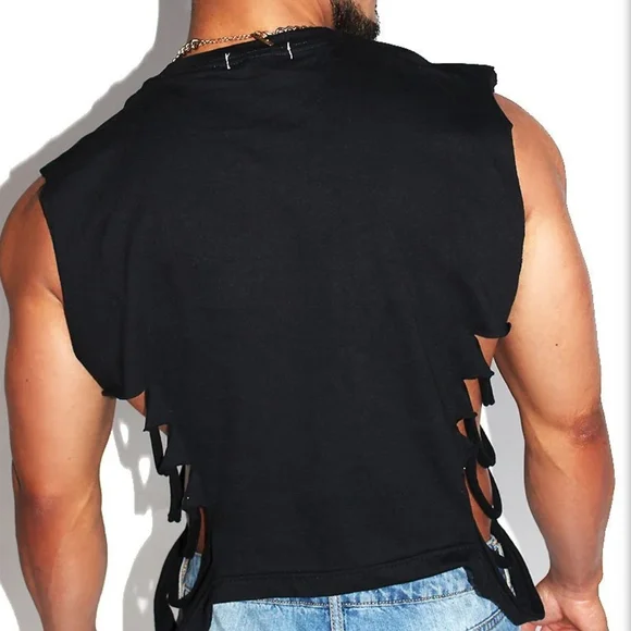 Men's Edgy Black Cutout Tank Top - Picture 4 of 5